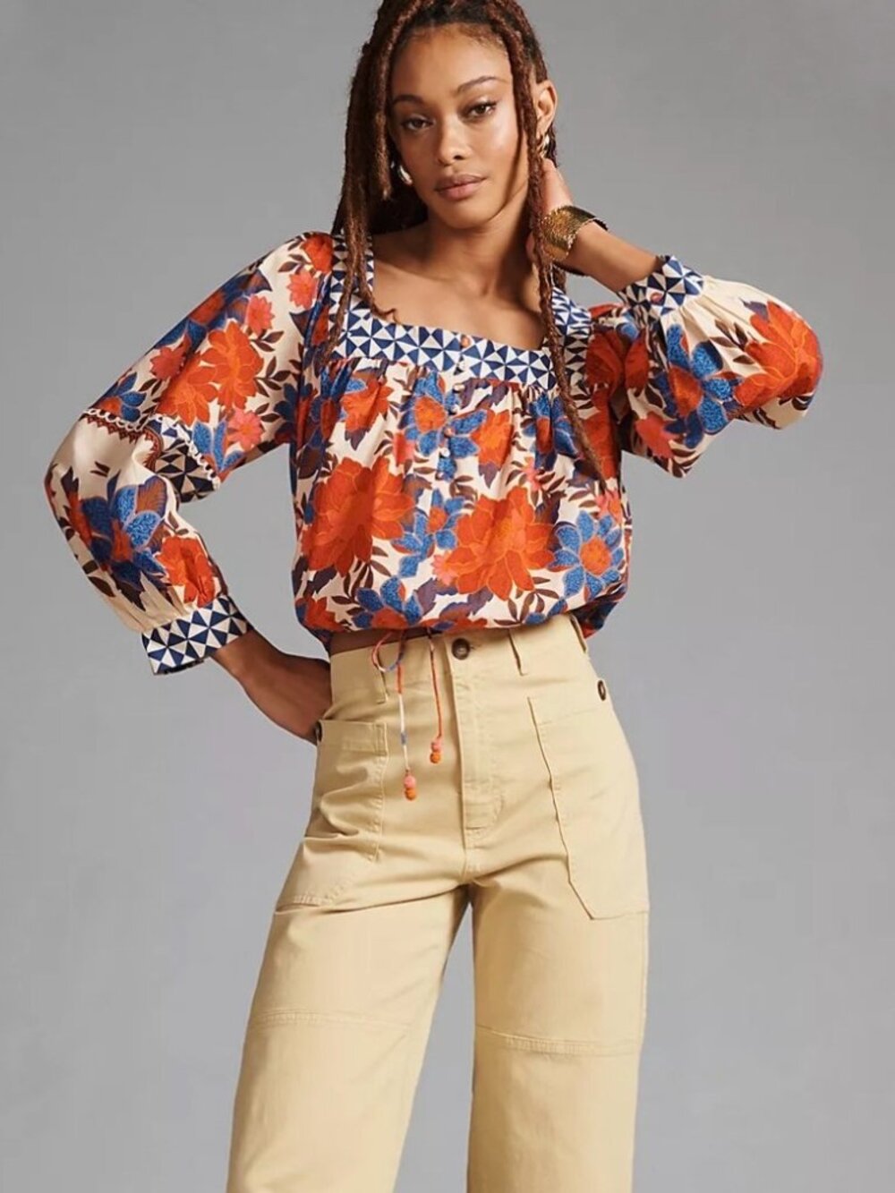 Farm Rio Anthropologie Printed Square Neck Puff Sleeve Top Floral Size S